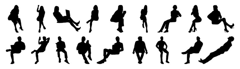 Vector set of detailed people sitting silhouettes isolated on white background