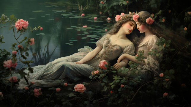 two beautiful nymph women laying together in roses by a lake, renaissance style oil painting