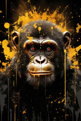 Portrayal of a grim monkey exuding hip hop attitude. Dressed in shades of gold and black, the monkey's fierce demeanor stands out against a backdrop rich in graffiti elements, blending the wild with t