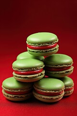 Macaron cookies on red festive background. Christmas dessert. Ai generative