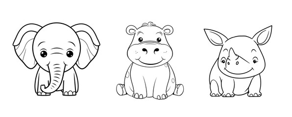 Obraz premium Cute funny elephant, rhinoceros and hippopotamus for coloring. Template for a coloring book with funny animals. Colouring page for kids created with generative AI. 