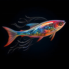 Colorful poster with fish in vector design style isolated on black background