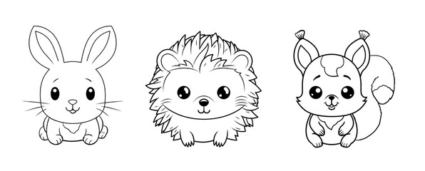 Fototapeta premium Cute funny hedgehog, rabbit and squirrel for coloring. Template for a coloring book with funny animals. Colouring page for kids created with generative AI. 