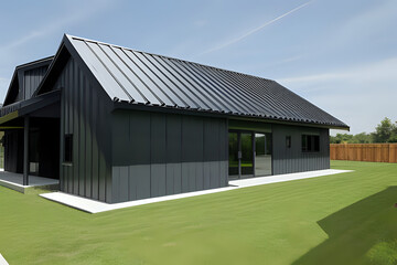 Corrugated metal roof installed in a modern house in the village. Corrugated metal roof Modern roof made of metal Metal sheet roof.