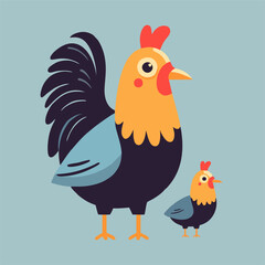 CuteA character, a cute, cartoon, multicolored chicken with a chicken on a blue background. The characters are a mother hen with a chicken. Pets.