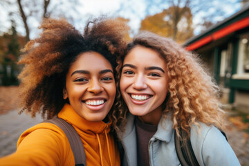 Selfie portrait of two young women smiling and looking at camera.