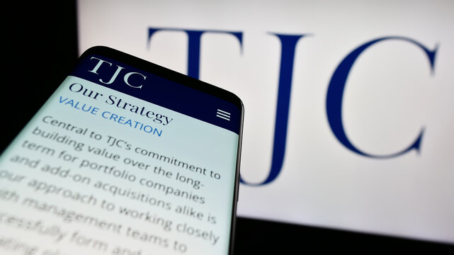 Stuttgart, Germany - 09-07-2023: Mobile phone with webpage of US investment business The Jordan Company (TJC) on screen in front of logo. Focus on top-left of phone display.