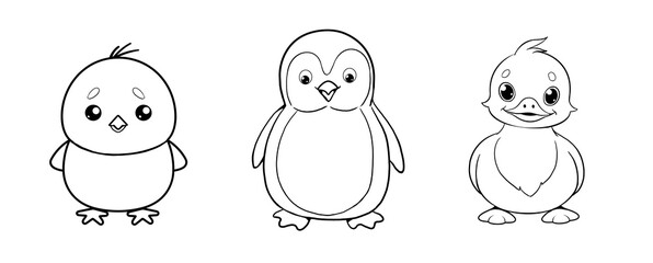 Cute funny chick, penguin and duckling for coloring. Template for a coloring book with funny animals. Colouring page for kids created with generative AI.	