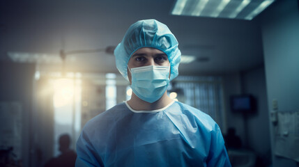 Male Surgeon in operating room with hat and mask