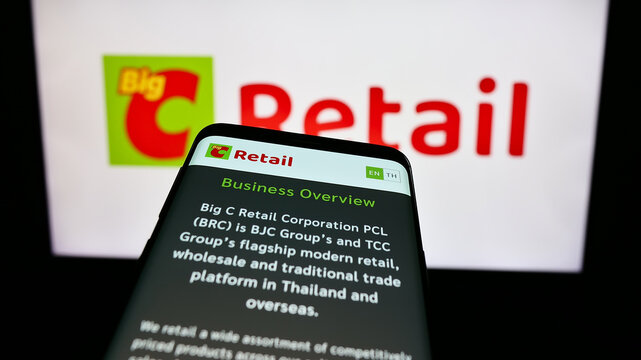 Stuttgart, Germany - 09-07-2023: Mobile phone with website of company Big C Retail Corporation PCL (BRC) on screen in front of business logo. Focus on top-left of phone display.