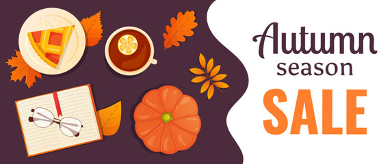 Autumn sale promo poster with leaves, pumpkin, tea, pie and book