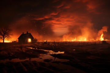 Burning farm house on a fire field, expansion of the fire area. loss of crops. danger to people and the environment.real estate, property and life insurance.