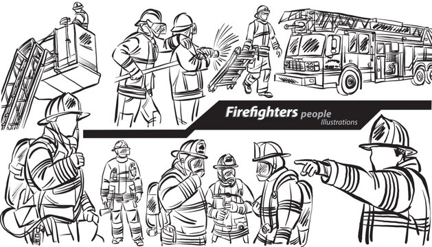 fire fighter people career profession work doodle design drawing vector illustration