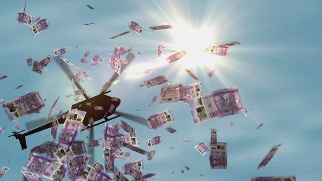 Jamaica Dollar banknotes helicopter money dropping. Jamaican JMD 500 notes abstract 3d concept of inflation, money printing, finance, economy, crisis and quantitative easing.