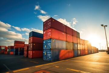 A stock photography image of 3 shipping containers in daylight. - obrazy, fototapety, plakaty