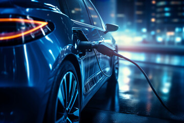 charging the battery of an electric car close-up,the car is charged by the cable of the charging station at night, generative ai