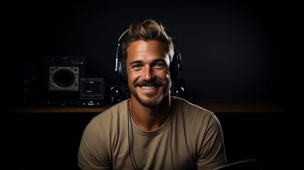 Male Music Producer with Headphones in a Studio. European Smiling Face