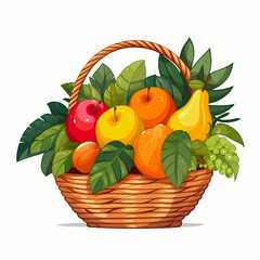 Wicker basket with fruits and leaves isolated on white background. Vector illustration.