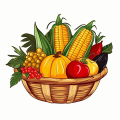 Illustration of a basket full of fresh vegetables on a white background