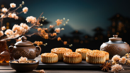 Fototapeta na wymiar Mid Autumn mooncakes on a dark background,created with generative ai tecnology.