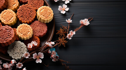 Mid Autumn mooncakes on a dark background,created with generative ai tecnology.