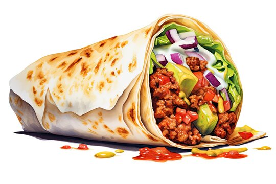 Ilustration of burrito on white background, vibrant color-enhancing, isolated maxican food. Generative AI