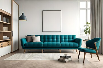 Teal sofa and big mockup poster frame on white wall. Scandinavian interior design of modern living room.
