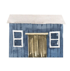 Watercolor fishing house illustration, old blue beach house clipart 