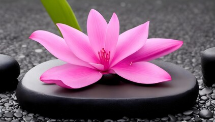 Large Pink Lotus Flower on a Black Flat Stone. Pink Lotus Blossom Resting on a Black Smooth Stone.