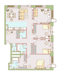  Interior design view from above. Plan of apartment with furniture. Vector isolated illustration.