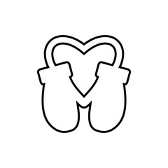 Winter mittens connected with a rope in the shape of a heart. Vector in line outline style.