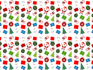 Cute Christmas Holiday Pattern of Santa Claus, Christmas Trees, Snowmans, Candy Canes, Ornaments & Presents Transparent PNG Background 