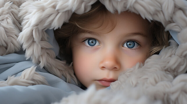 close-up portrait of a baby wrapped in a blanket on the bed and looking at the camera. concept for advertising health and products for babies