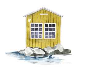 Watercolor scandinavian style yellow fishing house, vacation clipart