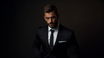 Portrait of a handsome man in a black suit on a dark background