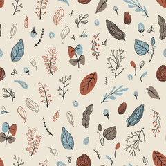 Hand drawn design pattern with leaves and branches in simple scandi style. Lineart. Blue, grey and red colors. muted palette close to real earthy colors. Great for interior textile , kitchen textiles,