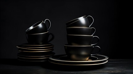 Set of Minimalistic Black Dishes on Black Background. Generative ai