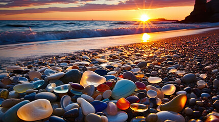 Glass pebble beach sunset. A beautiful beach of and sea shells sea glass made of tumbled glass polished over time by the waves of the ocean into shining pebbles - Generative AI