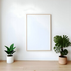 One wide blank picture frame on parquet floor white wall. High quality