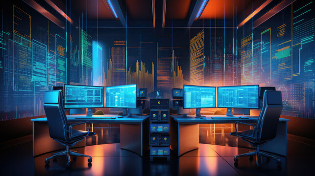 Computers in Monitoring Control Room with Digital Screens with Server Data, Blockchain Network and Surveillance Maps