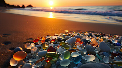 Glass pebble beach sunset. A beautiful beach of and sea shells sea glass made of tumbled glass polished over time by the waves of the ocean into shining pebbles - Generative AI