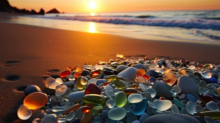 Fotobehang Glass pebble beach sunset. A beautiful beach of and sea shells sea glass made of tumbled glass polished over time by the waves of the ocean into shining pebbles - Generative AI © Nhan