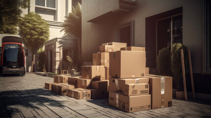 Cardboard boxes and household stuff in living room. Moving day