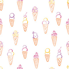 Designs with ice cream, flowers, strawberry, cherry and little bunny silhouette. Great pattern for summer shirts, dress, kids apparel and for kitchen textile.