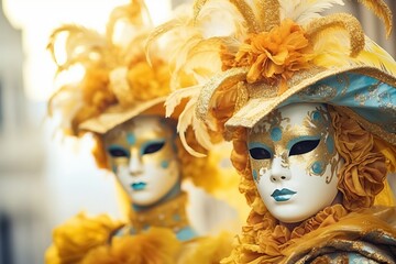 Close-up photo of two people wearing colourful venetian masks in Venice, Italy with Generative AI technology