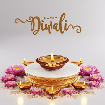 3D rendering for diwali festival Diwali, Deepavali or Dipavali the festival of lights india with gold diya patterned on color Background.
