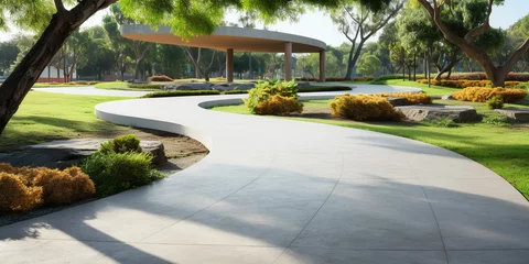 Foto op Canvas Walkway and landscape in garden, park. Also called path, footpath, pathway or concrete pavement floor. Include natural plant, flower, bush, lawn and grass. Landscaping design idea for outdoor.  © DifferR