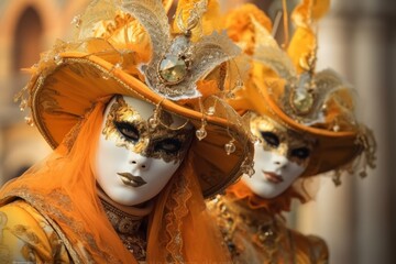 Close-up photo of a two people wearing colourful venetian masks in Venice, Italy - Created with Generative AI technology