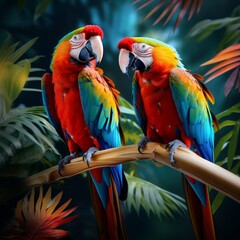 two tropical colorful birds