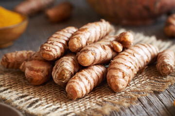 Fresh turmeric root on a table